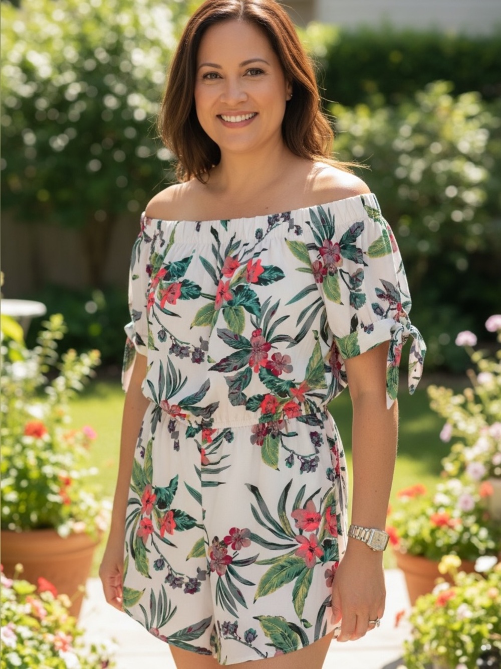 Mint Floral Off-Shoulder Top in White with Green & Pink Print
